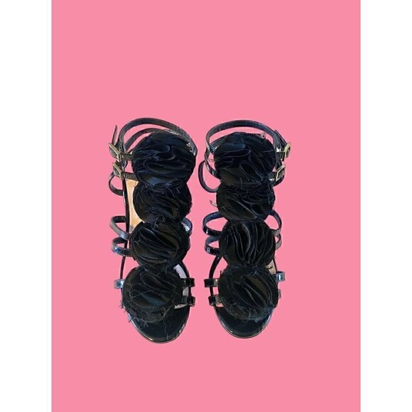 Vintage Kate Spade Black Patent Leather Satin Rose Sandals size 6 Italian Straps - Picture 4 of 10